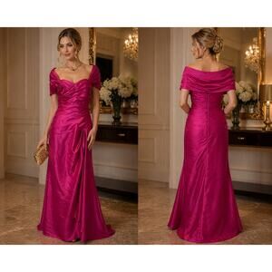 Jade Couture Fuchsia Satin Gown Ruched Off Shoulder Formal Dress Elegant 12